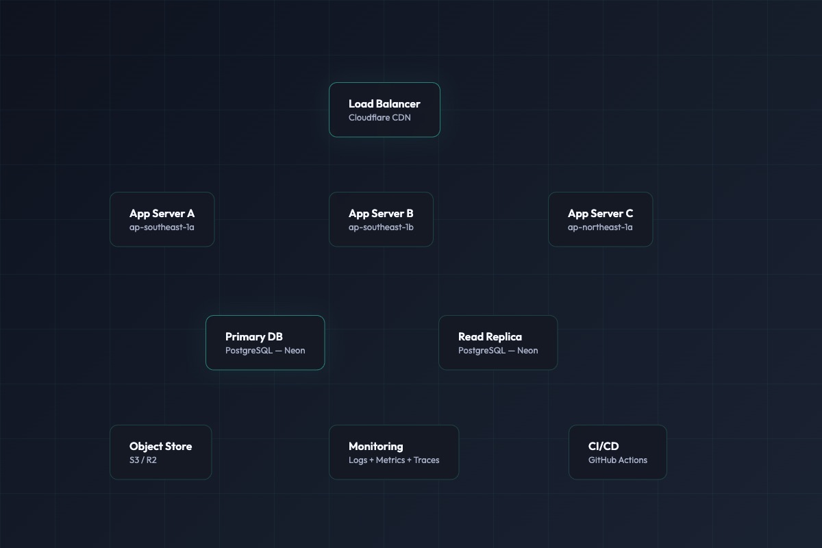 Cloud infrastructure architecture diagram with load balancer, app servers, and database
